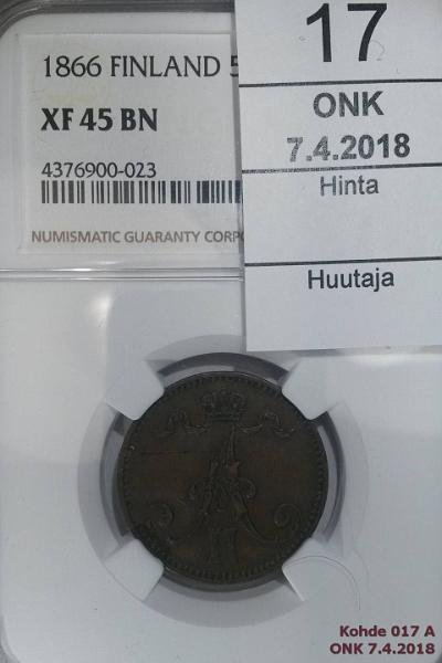 k-0017-a.jpg - Kohde 17 (kuva 1/2), lhthinta: 20 € / myyntihinta: 20 € 5 p 1866 NGC kotelossa XF 45 BN, meistihalkeama, kunto: 6