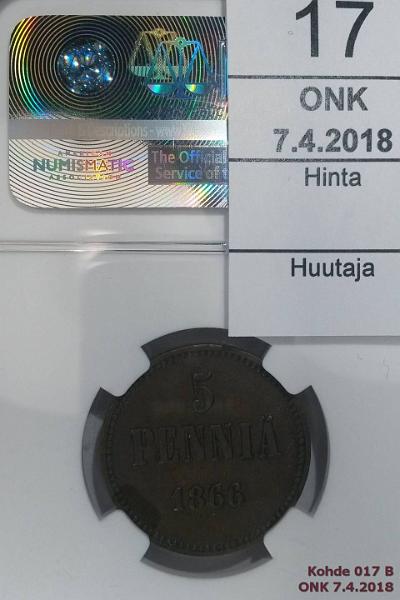 k-0017-b.jpg - Kohde 17 (kuva 2/2), lhthinta: 20 € / myyntihinta: 20 € 5 p 1866 NGC kotelossa XF 45 BN, meistihalkeama, kunto: 6