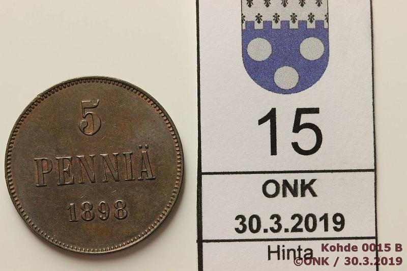 k-0015-b.jpg - Kohde 15, lhthinta: 25 € / myyntihinta: 25 € 5 p 1898 Kulumaton erittin kaunis raha, tumma patina, hivhdys leimakiiltoa, kunto: 8/7