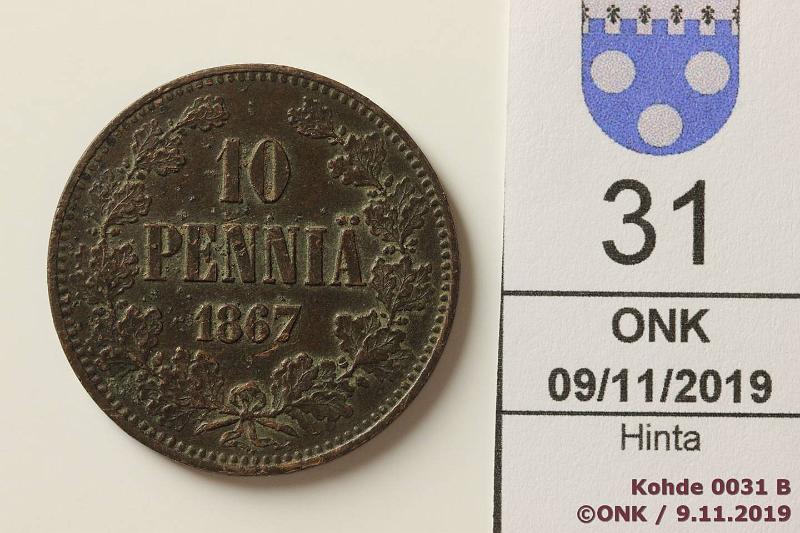 k-0031-b.jpg - Kohde 31, lhthinta: 40 € / ei tarjouksia 10 p 1867 Hpja, metallipisteit pinnassa. Hyv kunto tlle vuodelle!, kunto: 6