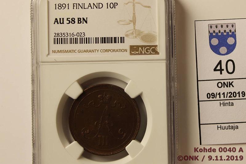 k-0040-a.jpg - Kohde 40 (kuva 1/2), lhthinta: 175 € / ei tarjouksia 10 p 1891 NGC kotelossa AU 58 B, tummaa leimakiiltoa, 2 hpa, kaunis!, kunto: 7