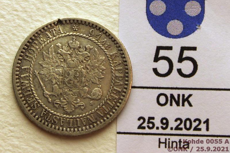 k-0055-a.jpg - Kohde 55 (kuva 1/2), lhthinta: 5 € / myyntihinta: 7 € 1 mk 1865 Ag, SNY 398.2.1, hnja, ij, kunto: 5