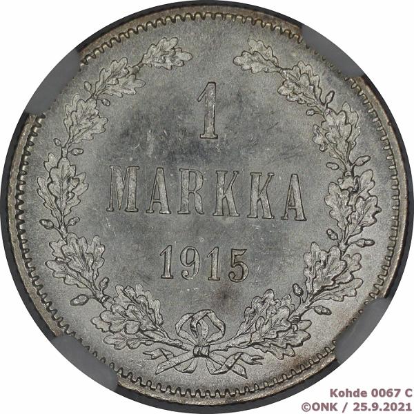 k-0067-c.jpg - Kohde 67 (kuva 3/3), lhthinta: 10 € / myyntihinta: 38 € 1 mk 1915 Ag, hnja, loistelias! NGC-kapselissa MS 65, kunto: 9