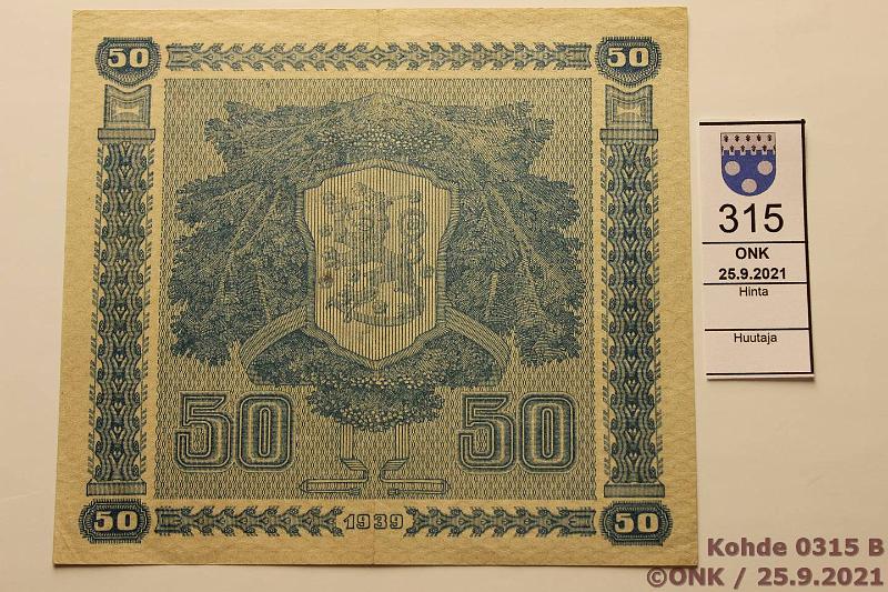 k-0315-b.jpg - Kohde 315 (kuva 2/2), lhthinta: 10 € / myyntihinta: 48 € 50 mk 1939 LD SNY 168.2 C4805691 RAN-AAs, vl 2, 5 mm taiterep, kunto: 6