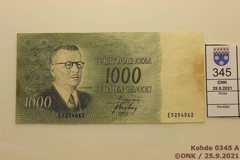 k-0345-a.jpg - Kohde 345, lhthinta: 50 € / ei tarjouksia 1000 mk 1955 SNY 200.6 E5254062 SIM-Eng, vl 2, tahra, kunto: 5