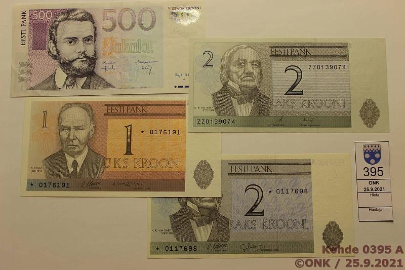 k-0395-a.jpg - Kohde 395 (kuva 1/2), lhthinta: 35 € / myyntihinta: 64 € Eesti 1 - 500 kr (4) 1992-2007 P#69r, 70r, 83, 85b 1kr * 1992; 2kr * 1992; 2kr ZZ 2007; 500kr ZZ 2007 (kl6), korvaavien er, kunto: 9, 6