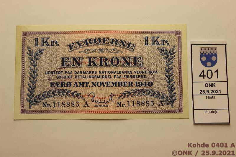 k-0401-a.jpg - Kohde 401 (kuva 1/2), lhthinta: 125 € / ei tarjouksia Fr-Saaret 1 kr 1940 P#9 118885 A, ei lpi setelin taitosta, kunto: 8