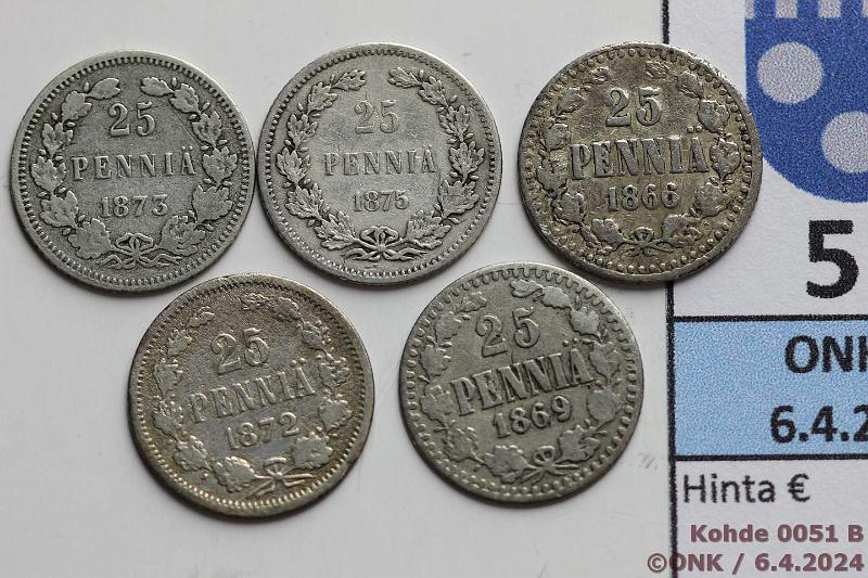 k-0051-b.jpg - Kohde 51 (kuva 2/2), lhthinta: 25 € / myyntihinta: 28 € 25 p 1866-72 (5) Ag, 1866, -69, -72, -73, -75, osa puhd, kunto: 2-4