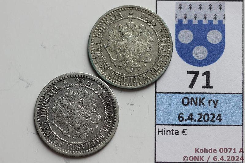 k-0071-a.jpg - Kohde 71 (kuva 1/2), lhthinta: 20 € / myyntihinta: 20 € 1 mk 1865, -66 Ag SNY 398.2.2 + 399.2.2, kunto: 4, 5