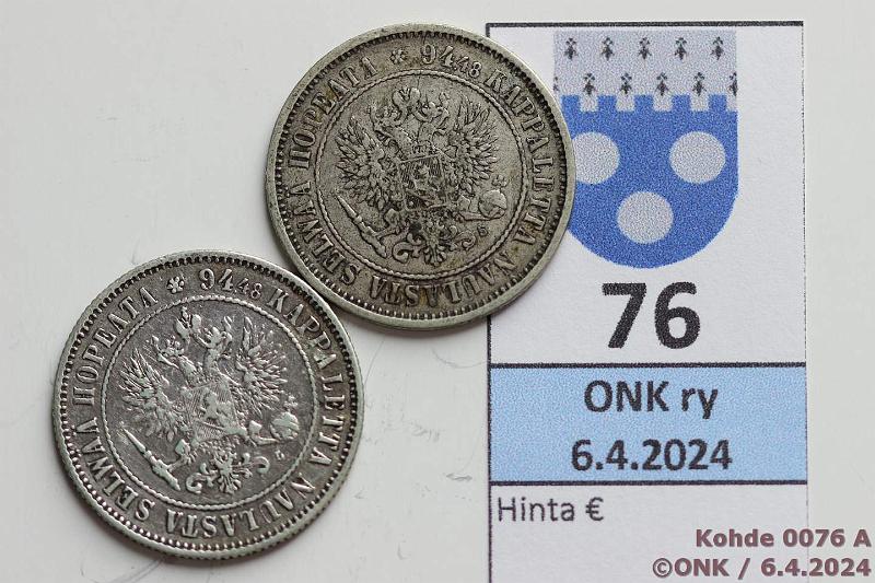 k-0076-a.jpg - Kohde 76 (kuva 1/2), lhthinta: 20 € / myyntihinta: 20 € 1 mk 1874, -92 Ag, kunto: 4, 5