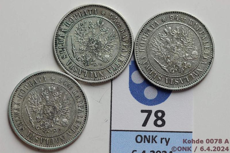 k-0078-a.jpg - Kohde 78 (kuva 1/2), lhthinta: 60 € / ei tarjouksia 1 mk 1874, -90, -92 Ag, kunto: 6