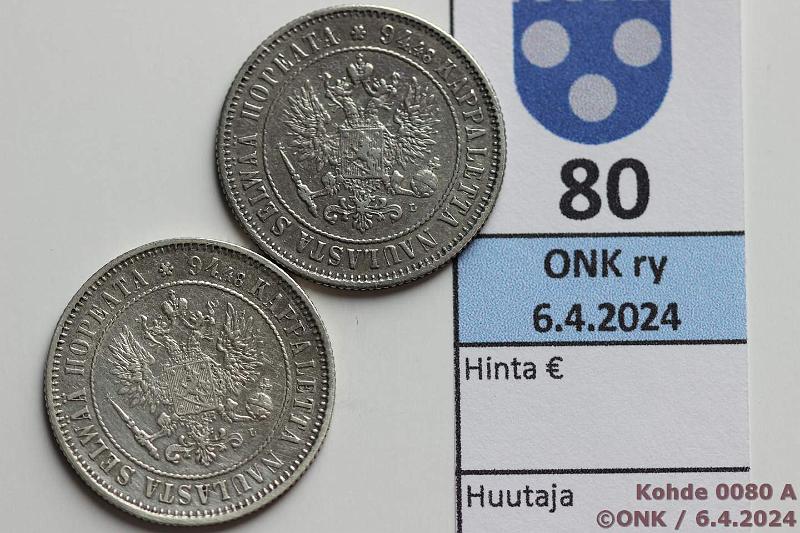 k-0080-a.jpg - Kohde 80 (kuva 1/2), lhthinta: 35 € / myyntihinta: 35 € 1 mk 1890, -93 Ag, hnja, hyvt kpl:t!, kunto: 7, 6