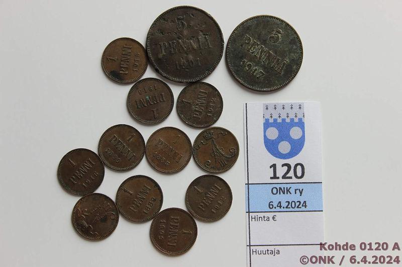 k-0120-a.jpg - Kohde 120, lhthinta: 5 € / myyntihinta: 5 € 1 + 5 p (13) 1883-1917 Cu: 1p 1883, -88, -93, -99, 1909, -11, -12(2), -15(2), -16; 5p 1901, -17 II. Osassa vikoja, kunto: 3-6