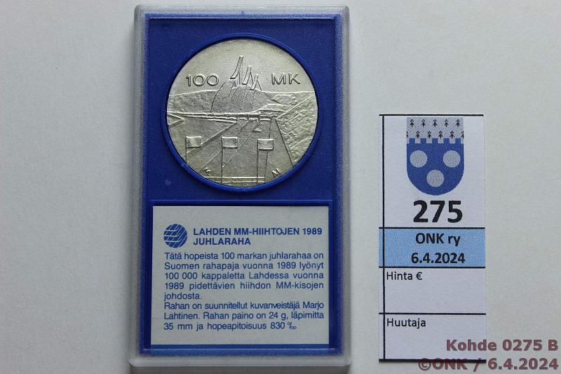 k-0275-b.jpg - Kohde 275 (kuva 2/2), lhthinta: 20 € / myyntihinta: 20 € 100 mk 1989 Ag, MM, muovikotelossa venjnkielisin tekstein, reunoissa hieman patinaa, kunto: 9