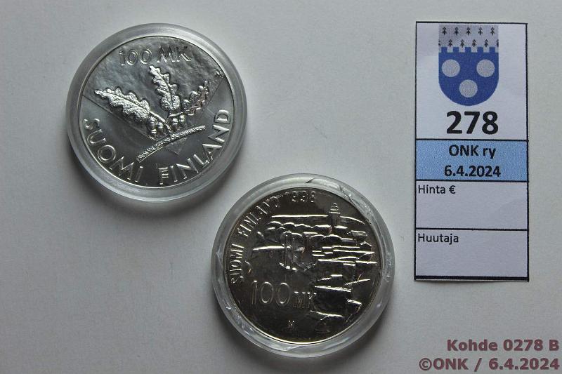 k-0278-b.jpg - Kohde 278 (kuva 2/2), lhthinta: 16 € / myyntihinta: 27 € 100 mk 1995, -98 Ag, -95 YK 50 v, -98 Suomenlinna, kaps, toinen halki, kunto: 9