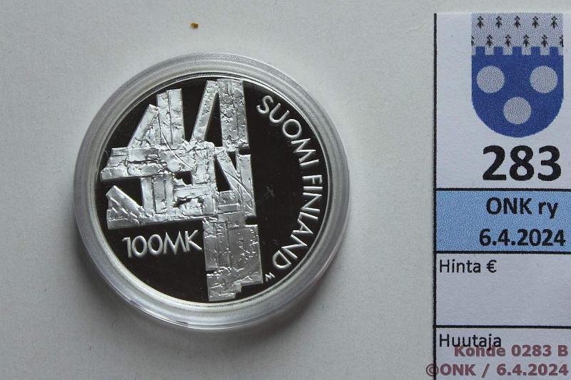 k-0283-b.jpg - Kohde 283 (kuva 2/2), lhthinta: 10 € / myyntihinta: 17 € 100 mk 2000 Ag, Proof, Kivi, kaps, kunto: 10