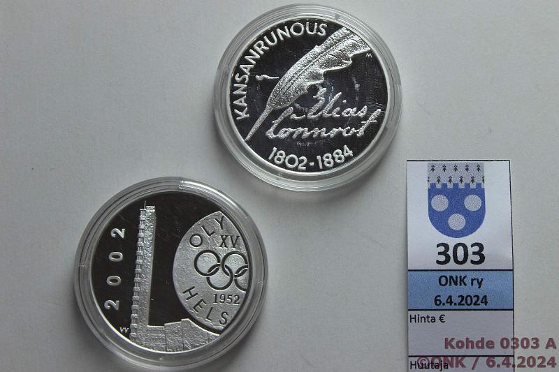 k-0303-a.jpg - Kohde 303 (kuva 1/2), lhthinta: 25 € / myyntihinta: 30 € 10 € (2) 2002 Ag, Proof, Lnnrot ja H:gin olympialaiset, kaps, kunto: 10