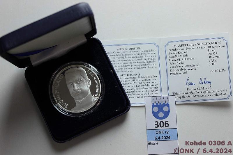 k-0306-a.jpg - Kohde 306, lhthinta: 15 € / myyntihinta: 16 € 10 € 2003 Ag, Proof, Mannerheim, kotelo, +tod, kunto: 10