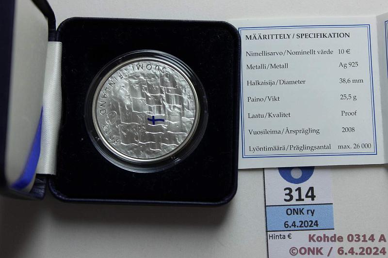 k-0314-a.jpg - Kohde 314 (kuva 1/2), lhthinta: 15 € / myyntihinta: 15 € 10 € 2008 Ag, Proof, Suomen lippu, kotelo+tod, kunto: 10