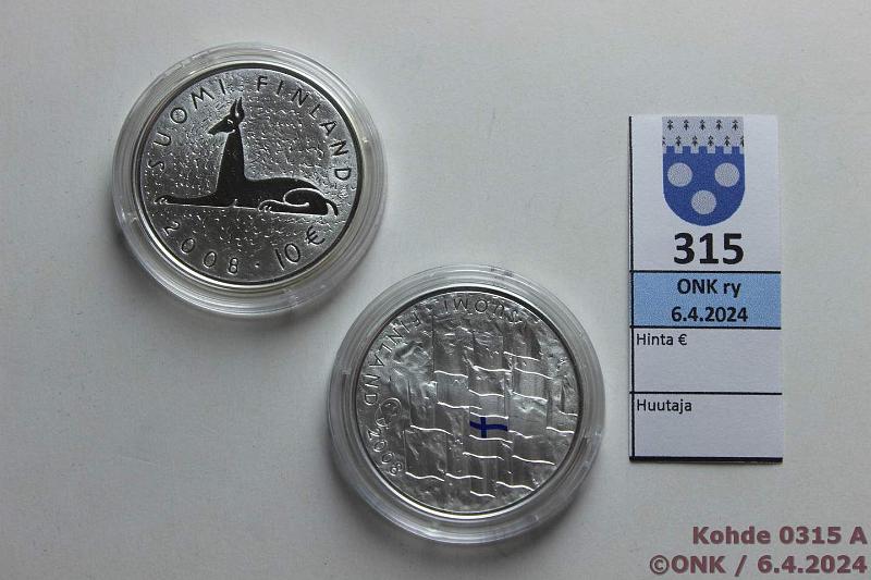 k-0315-a.jpg - Kohde 315 (kuva 1/2), lhthinta: 25 € / myyntihinta: 32 € 10 € (2) 2008 Ag, Proof, Waltari ja Suomen lippu, kaps, kunto: 10