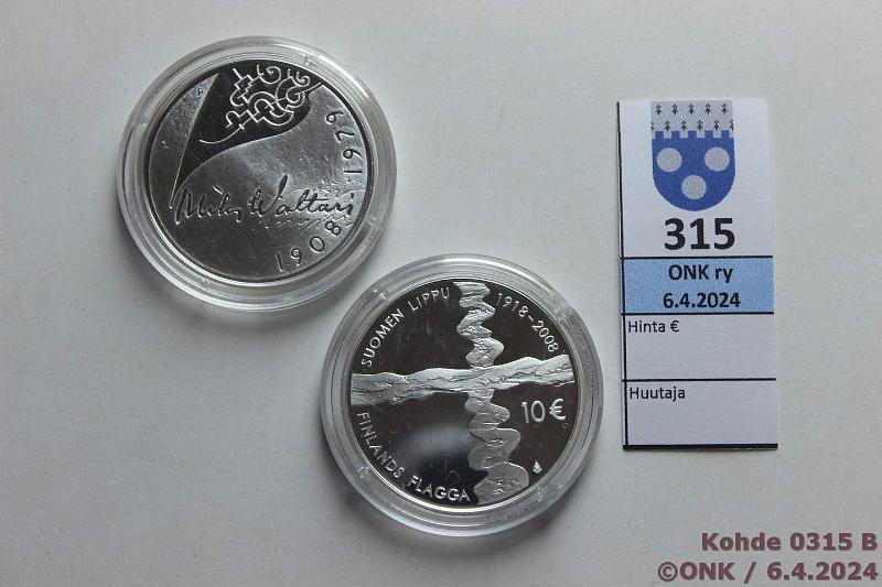 k-0315-b.jpg - Kohde 315 (kuva 2/2), lhthinta: 25 € / myyntihinta: 32 € 10 € (2) 2008 Ag, Proof, Waltari ja Suomen lippu, kaps, kunto: 10