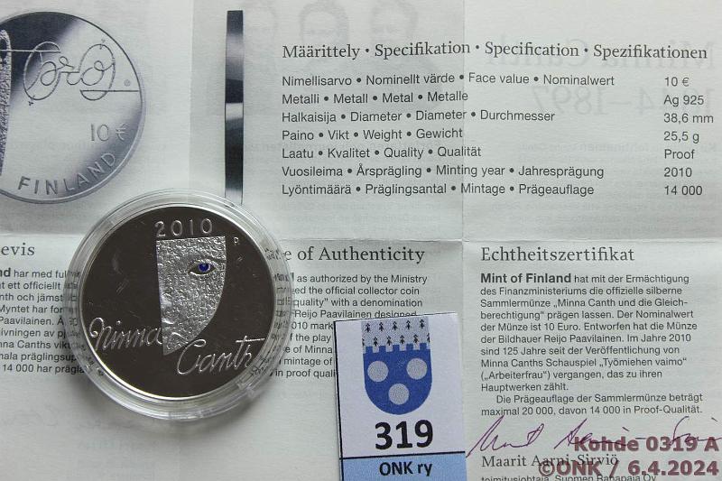 k-0319-a.jpg - Kohde 319, lhthinta: 15 € / myyntihinta: 15 € 10 € 2010 Ag, Proof, Minna Canth, kaps+tod, kunto: 10