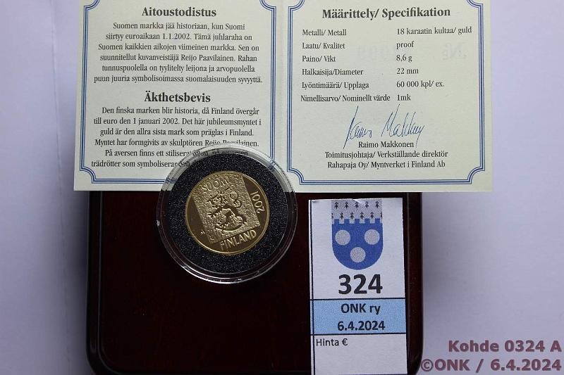 k-0324-a.jpg - Kohde 324 (kuva 1/2), lhthinta: 350 € / myyntihinta: 382 € 1 mk 2001 Au, Proof, 8,6g/750, laatikko, tod, kunto: 9