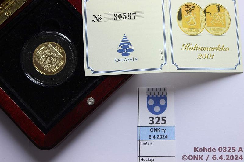 k-0325-a.jpg - Kohde 325, lhthinta: 350 € / myyntihinta: 382 € 1 mk 2001 Au, Proof, 8,6g/750, laatikko, tod, kunto: 9