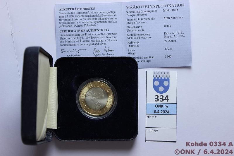 k-0334-a.jpg - Kohde 334 (kuva 1/2), lhthinta: 350 € / myyntihinta: 360 € 10 mk 1999 Au/Ag 750/925, Proof. Kotelo+tod. Au/Ag rajalla rahalle tyyypillinen patina, kunto: 9