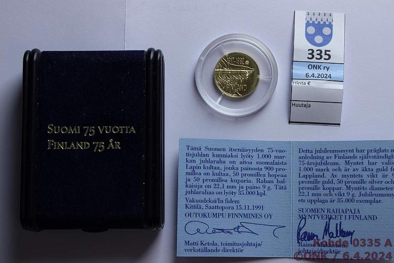 k-0335-a.jpg - Kohde 335 (kuva 1/2), lhthinta: 370 € / myyntihinta: 505 € 1000 mk 1992 Au, Proof, 9g/900, Suomi 75 v, laatikko+tod. Likapiste m-kirjaimessa, kunto: 10