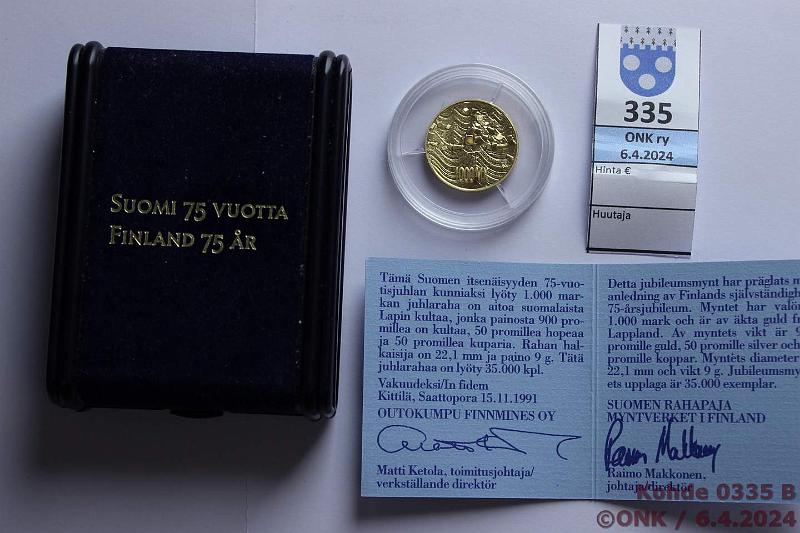 k-0335-b.jpg - Kohde 335 (kuva 2/2), lhthinta: 370 € / myyntihinta: 505 € 1000 mk 1992 Au, Proof, 9g/900, Suomi 75 v, laatikko+tod. Likapiste m-kirjaimessa, kunto: 10