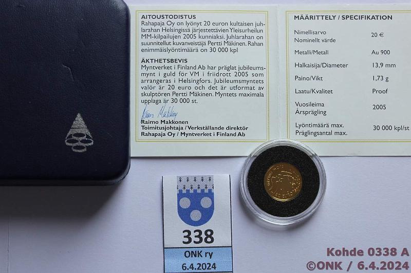 k-0338-a.jpg - Kohde 338, lhthinta: 60 € / myyntihinta: 90 € 20 € 2005 Au, Proof, 1,73g/900, laatikko+tod, kunto: 10