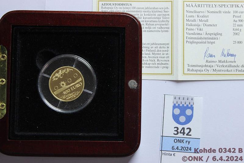 k-0342-b.jpg - Kohde 342 (kuva 2/2), lhthinta: 350 € / myyntihinta: 482 € 100 € 2002 Au, Proof, 8,64g/900, Keskiyn aurinko, laatikko+tod, kunto: 10