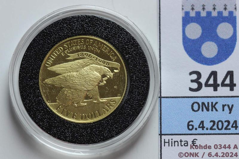 k-0344-a.jpg - Kohde 344 (kuva 1/2), lhthinta: 370 € / myyntihinta: 468 € USA 5 $ 1995 KM#265 Au, Proof, 8,359g/900, Atlanta, XXVI Olympiad Stadium, kaps, kunto: 10