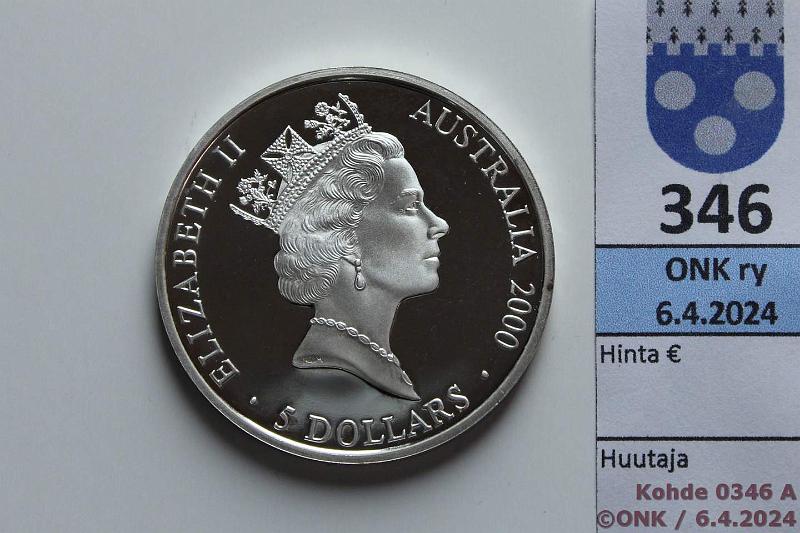 k-0346-a.jpg - Kohde 346 (kuva 1/2), lhthinta: 15 € / myyntihinta: 29 € Australia 5 $ 2000 KM#381 Ag, Proof, 31,635g/999 Sydney 2000, Dreaming Festival. Hieman patinaa, kunto: 10