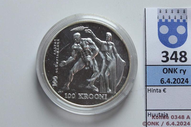 k-0348-a.jpg - Kohde 348 (kuva 1/2), lhthinta: 25 € / myyntihinta: 43 € Eesti 100 kr 1996 KM#31 Ag, 28,28g/925, Olympics, kaps, kunto: 9