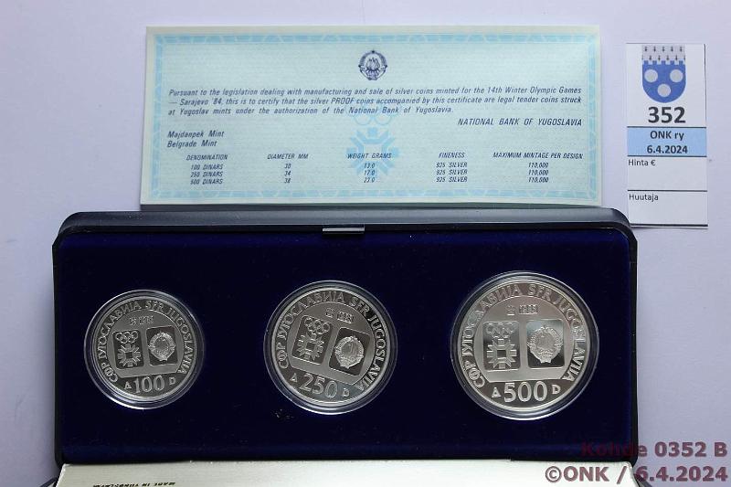 k-0352-b.jpg - Kohde 352 (kuva 2/3), lhthinta: 56 € / myyntihinta: 67 € Jugoslavia 100 - 500 din (6) 1983 KM#98-103 Ag, Proof, 106g/925. 2 x (100, 250 ja 500d), Sarajevo 1984. Laatikot+tod, kunto: 10