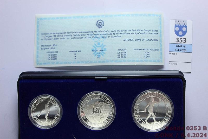 k-0353-b.jpg - Kohde 353 (kuva 2/2), lhthinta: 56 € / myyntihinta: 67 € Jugoslavia 100 - 500 din (6) 1984 KM#105-110 Ag, Proof, 106g/925. 2 x (100, 250 ja 500d), Sarajevo 1984. Laatikot+tod, kunto: 10