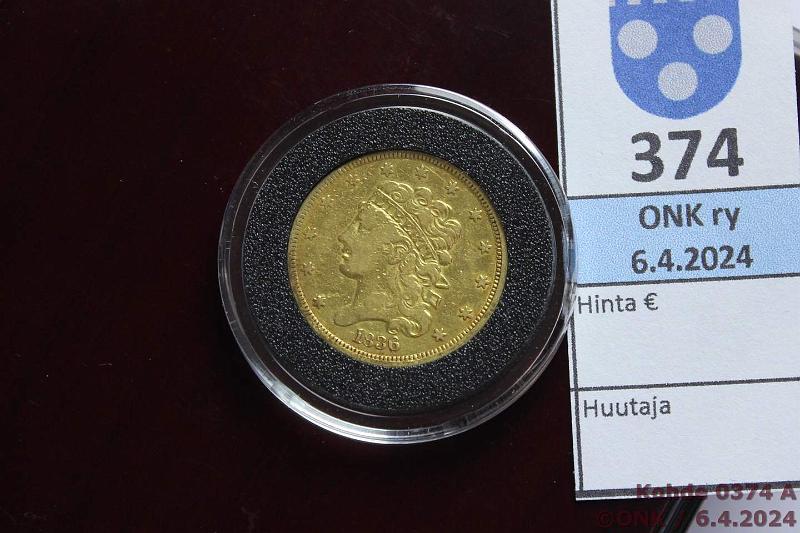 k-0374-a.jpg - Kohde 374 (kuva 1/2), lhthinta: 500 € / myyntihinta: 520 € USA 5 $ 1836 KM#57 Au, 8,36g/900, Classic Head, laatikko+kaps, kunto: 4