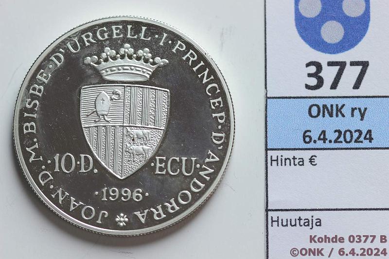 k-0377-b.jpg - Kohde 377 (kuva 2/2), lhthinta: 15 € / myyntihinta: 20 € Andorra 10 diner 1996 KM#121 Ag, Proof, 31,47g/925, Joan Marti i Alanis, hieman patinaa, kunto: 9