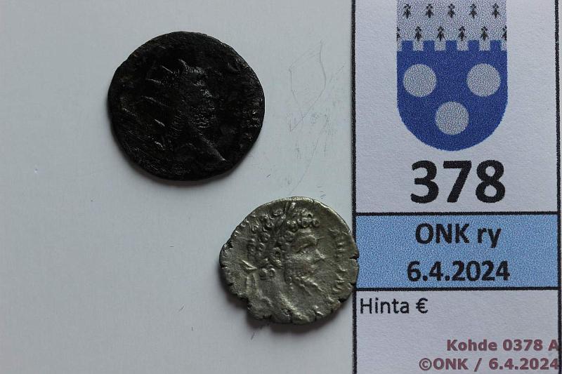 k-0378-a.jpg - Kohde 378 (kuva 1/2), lhthinta: 10 € / myyntihinta: 10 € Antiikin rahat (2) n. 200 AD Ag, Rooma, Antonianus, Gallianus. Denarius, Septimus Severus, kunto: 3, 4