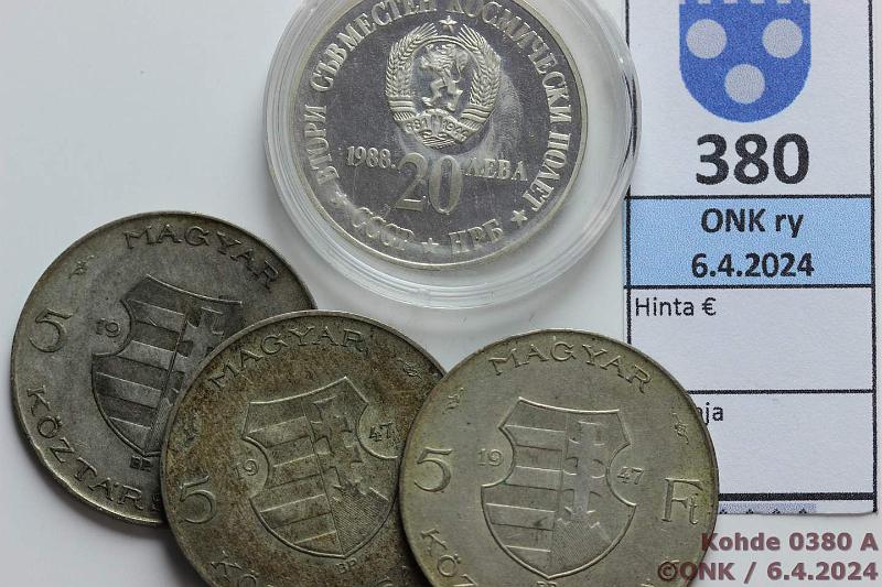 k-0380-a.jpg - Kohde 380, lhthinta: 12 € / myyntihinta: 12 € Bulgaria + Unkari (4) 1947, -88 P#174, 534 Ag, Bulgaria 20 leva 1988; Unkari 5 peng 1947(3), kunto: 5-8