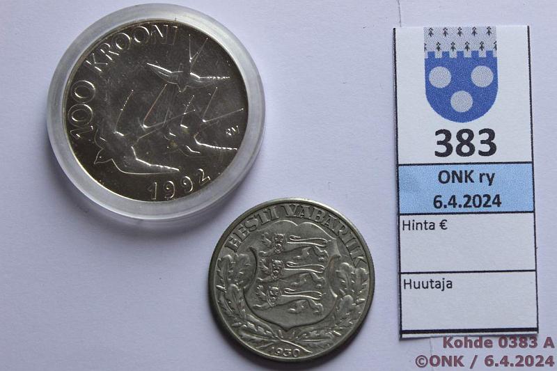 k-0383-a.jpg - Kohde 383 (kuva 1/2), lhthinta: 18 € / myyntihinta: 18 € Eesti 2 + 100 kr 1930, -92 KM#20, 27 Ag, 2k 1930 Toompea Fortress; 100kr 1992 Monetary Reform, kunto: 7, 9