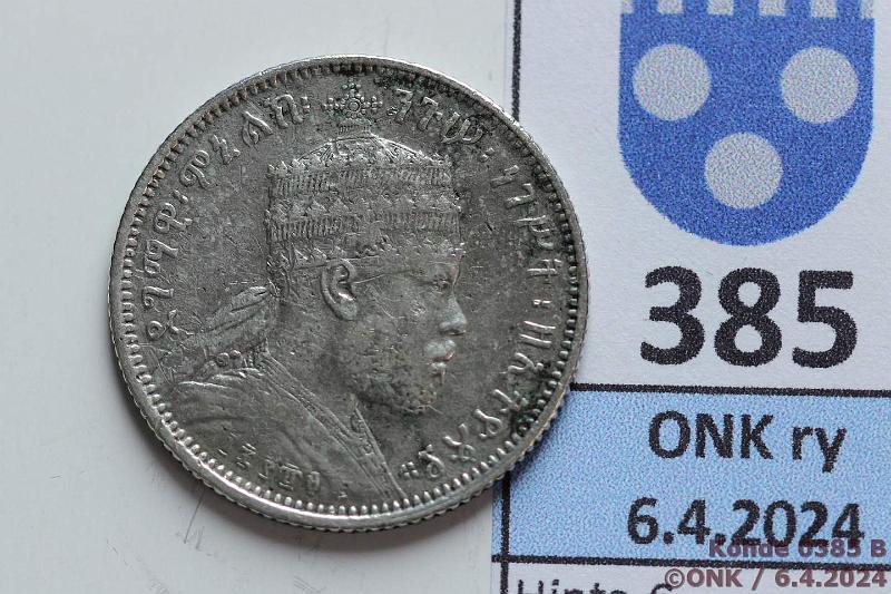 k-0385-b.jpg - Kohde 385 (kuva 2/2), lhthinta: 10 € / myyntihinta: 16 € Etiopia  birr 1889 KM#3 Ag, 7,02g/835, Menelik II, likaa, kunto: 4