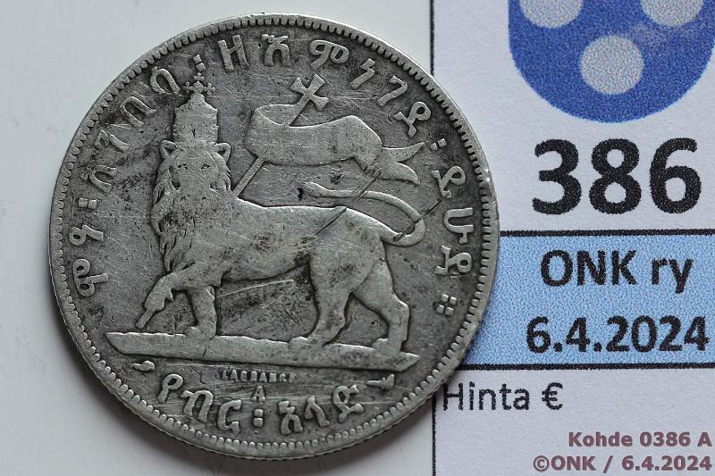 k-0386-a.jpg - Kohde 386 (kuva 1/2), lhthinta: 15 € / myyntihinta: 50 € Etiopia  birr 188? KM#4 Ag, 14,04g/835, Menelik II, kunto: 3