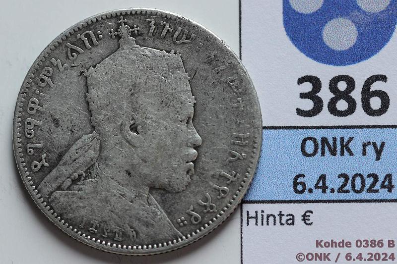 k-0386-b.jpg - Kohde 386 (kuva 2/2), lhthinta: 15 € / myyntihinta: 50 € Etiopia  birr 188? KM#4 Ag, 14,04g/835, Menelik II, kunto: 3