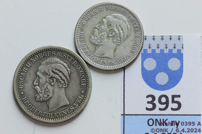 k-0395-a.jpg - Kohde 395 (kuva 1/2), lhthinta: 25 € / myyntihinta: 76 € Norja 50  + 1 kr 1901, 1879 KM#356, 357 Ag, kunto: 6, 5