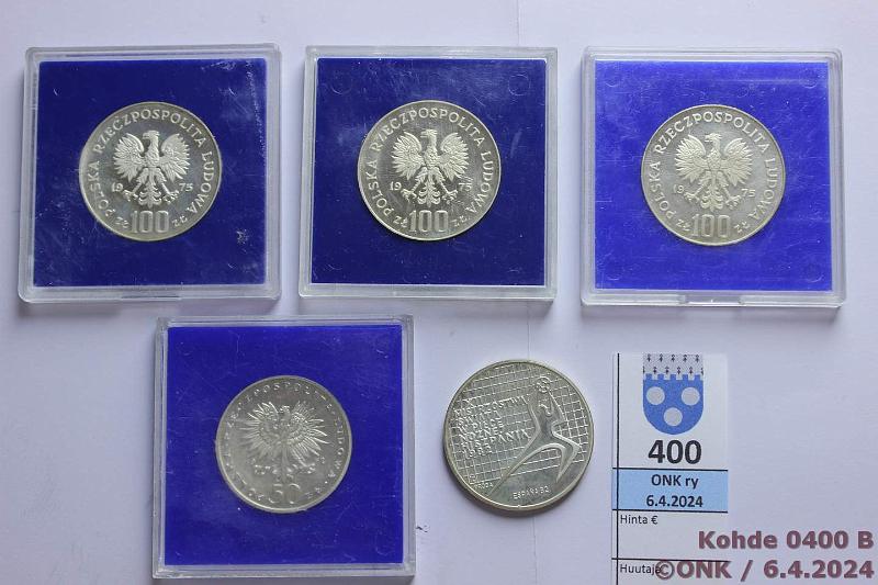 k-0400-b.jpg - Kohde 400 (kuva 2/2), lhthinta: 30 € / myyntihinta: 35 € Puola 50 - 200 zl (5) 1972-82 KM#66, 76-78, 130 Ag, 50z-72, kasetissa; 100z-75, 3 eril kaseteissa; 200z-82. Yht. 53,66g puhdasta hopeaa, kunto: 8-10