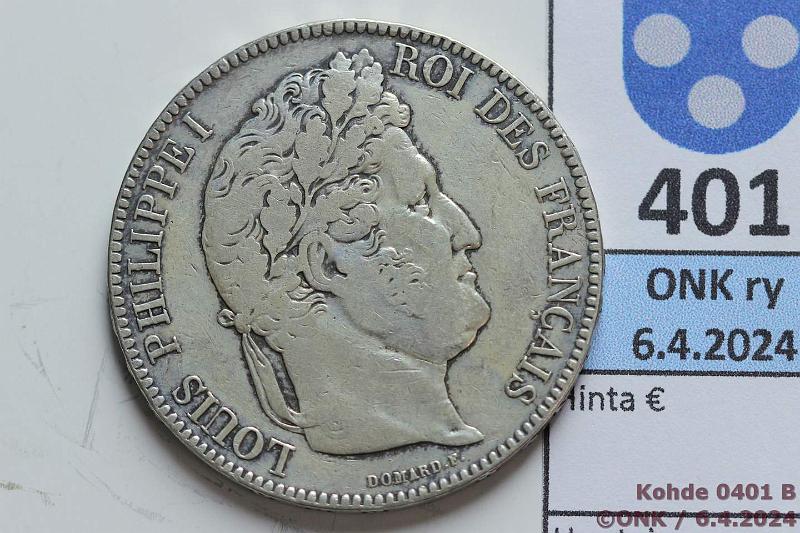 k-0401-b.jpg - Kohde 401 (kuva 2/2), lhthinta: 10 € / myyntihinta: 19 € Ranska 5 fr 1843 W KM#749.13 Ag, 25g/900, Lille, kunto: 4