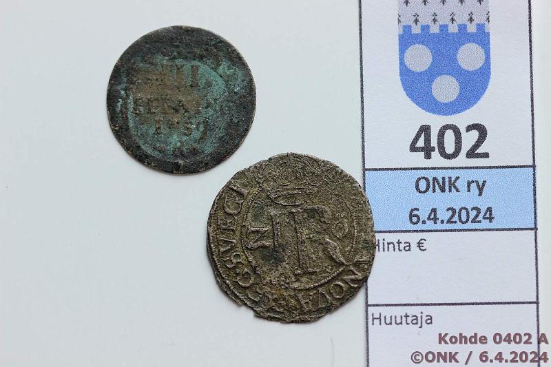 k-0402-a.jpg - Kohde 402 (kuva 1/2), lhthinta: 5 € / myyntihinta: 5 € Ruotsi 2  + Rostock 3 pfg 1591, 1759 MB#207, KM#116 Ag, Ruotsi 2 re 1591 Johan III; City of Rostock 3 pfennig 1759, kunto: 2